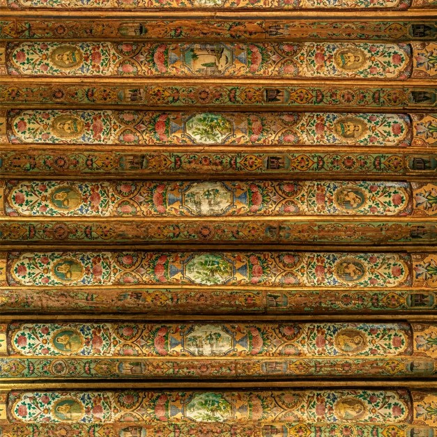 Ornate wooden ceiling in Narenjestan Garden