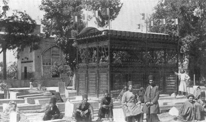 an old photo of Hafez tomb in Shiraz