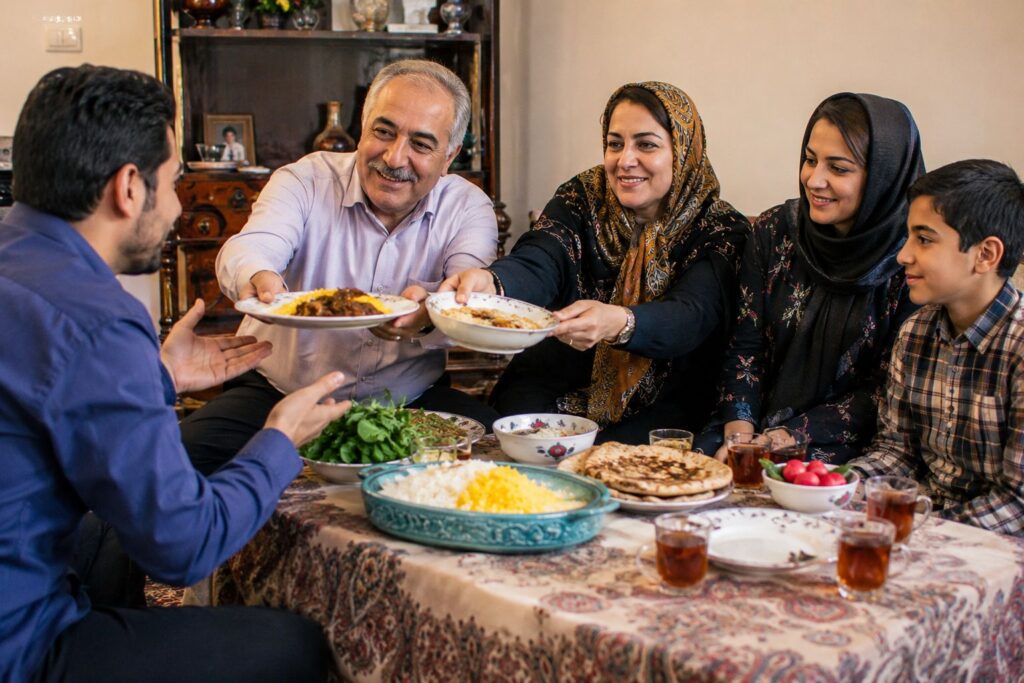 Iranian family demonstrating traditional taarof hospitality