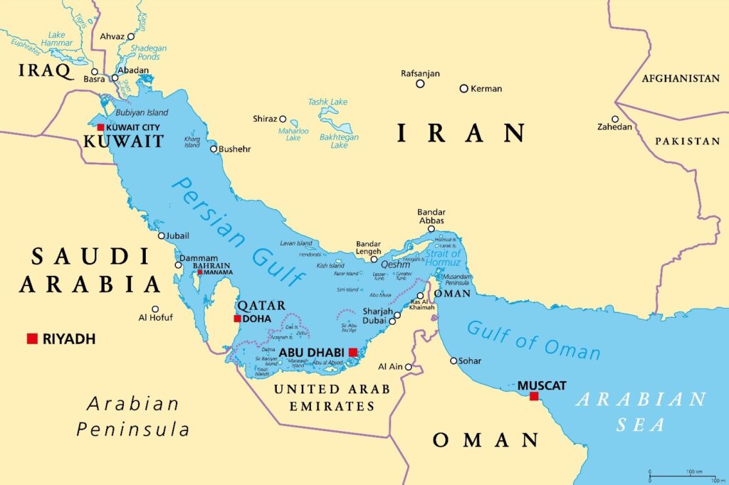 Persian Gulf map showing Iran, Arabian Peninsula and Strait of Hormuz